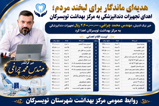  اهدای تجهیزات دندانپزشکی توسط خیّر نیک اندیش به مرکز بهداشت تویسرکان